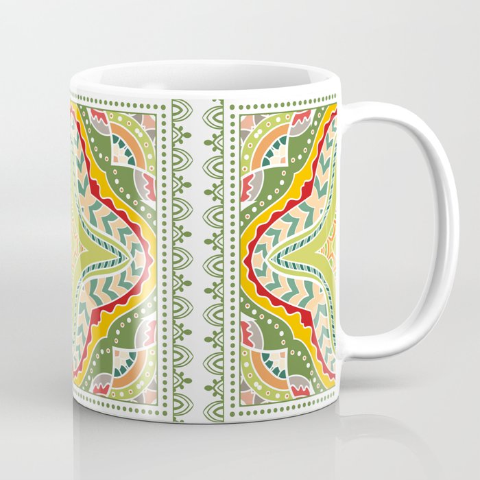 Decorative colorful background, geometric floral doodle pattern with ornate lace frame. Tribal ethnic mandala ornament. Bandanna shawl, tablecloth fabric print, silk neck scarf, kerchief design Coffee Mug