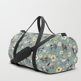 Horses and Sunrise Blue Floral, Horse Love, Wild Horses, Yellow and Pink Flowers Duffle Bag