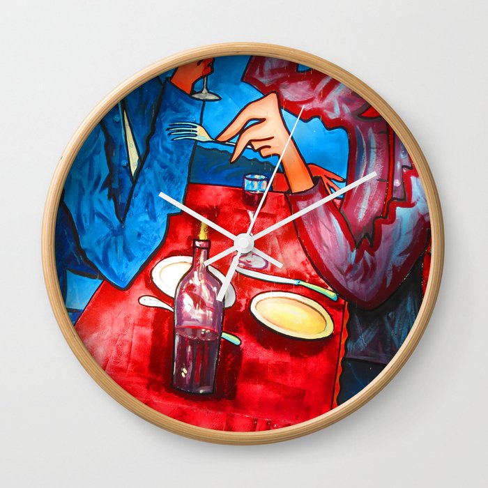 Two friends drinking wine and having dinner Wall Clock