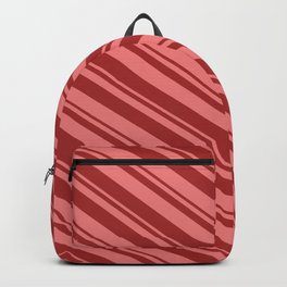 [ Thumbnail: Light Coral & Brown Colored Lined/Striped Pattern Backpack ]