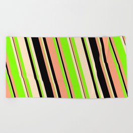 [ Thumbnail: Light Salmon, Black, Bisque & Chartreuse Colored Striped/Lined Pattern Beach Towel ]