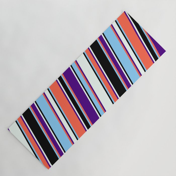 Eyecatching Red, Indigo, Mint Cream, Black, and Light Sky Blue Colored Pattern of Stripes Yoga Mat