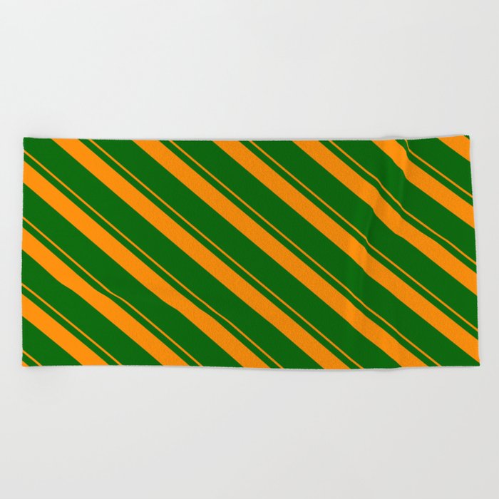 Dark Orange & Dark Green Colored Lines Pattern Beach Towel