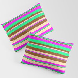 [ Thumbnail: Tan, Fuchsia, Green & Brown Colored Striped Pattern Pillow Sham ]
