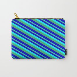 [ Thumbnail: Aqua, Sea Green & Blue Colored Striped/Lined Pattern Carry-All Pouch ]