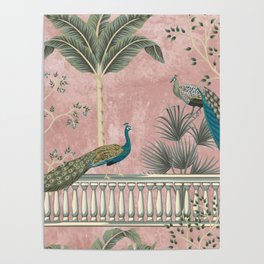 Chinoiserie Blush Pink Peacock Palm Fresco Garden  Poster