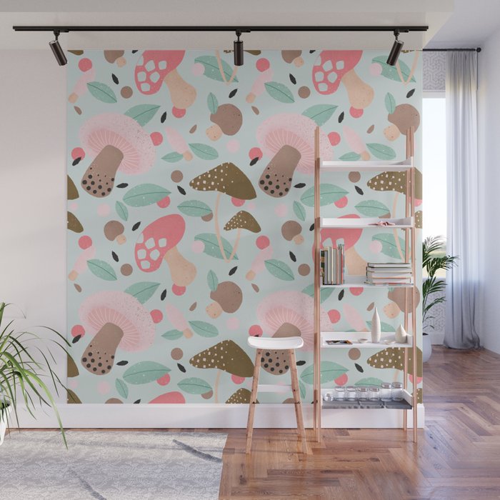 Mint and pink mushrooms Wall Mural
