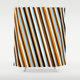 [ Thumbnail: Vibrant Brown, Light Sky Blue, Mint Cream, Dark Orange & Black Colored Stripes/Lines Pattern Shower Curtain ]