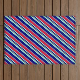 [ Thumbnail: Aquamarine, Blue, Light Slate Gray & Crimson Colored Lines/Stripes Pattern Outdoor Rug ]