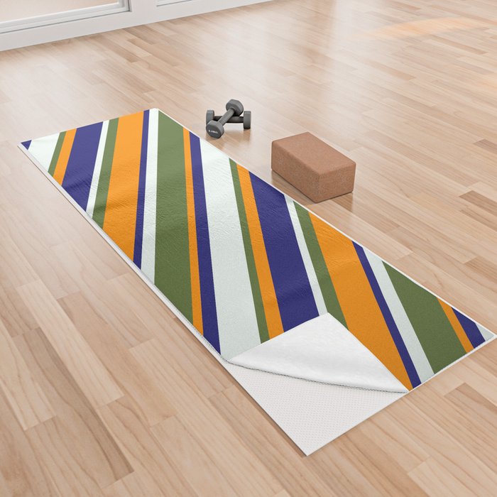 Midnight Blue, Dark Orange, Dark Olive Green, and Mint Cream Colored Pattern of Stripes Yoga Towel