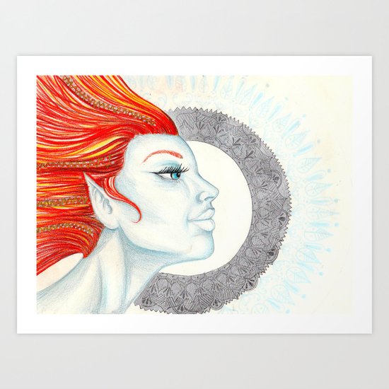 Elf Goddess with Fire Hair Mandala Art Print