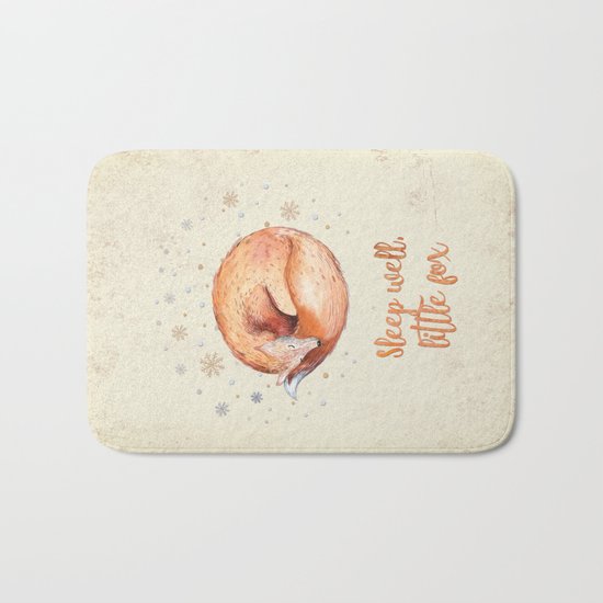 Sleep well little fox- Watercolor animal illustration and Typography Bath Mat