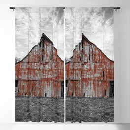 Worn Paint - Rustic Red Barn Against Black and White Landscape on Early Spring Day in Missouri Blackout Curtain