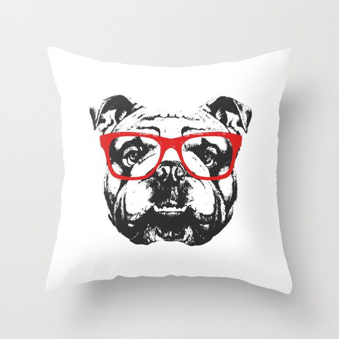 Portrait of English Bulldog with glasses. Throw Pillow