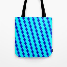 [ Thumbnail: Cyan & Blue Colored Lined/Striped Pattern Tote Bag ]