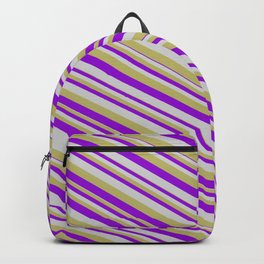 [ Thumbnail: Light Grey, Dark Khaki, and Dark Violet Colored Striped/Lined Pattern Backpack ]