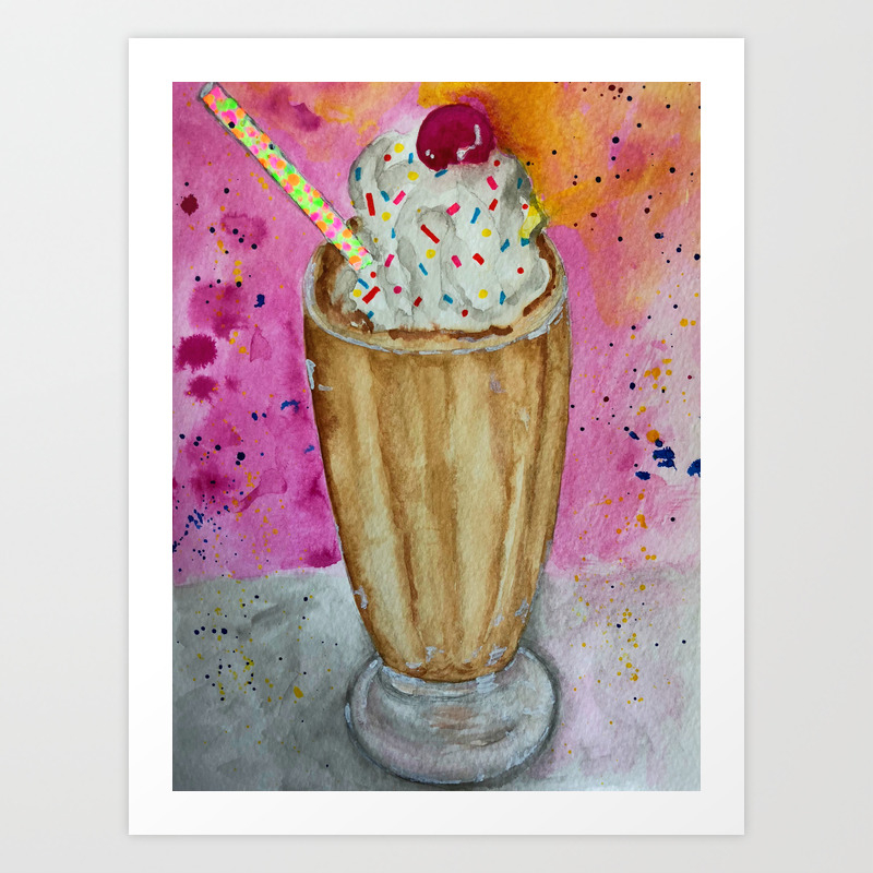 Chocolate Vanilla and Strawberry Ice Cream Shakes 8x10 Print Foodie Art Three Milkshakes Soda Shop Watercolor Art