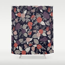 Purple, Gray, Navy Blue & Coral Floral/Botanical Pattern Shower Curtain