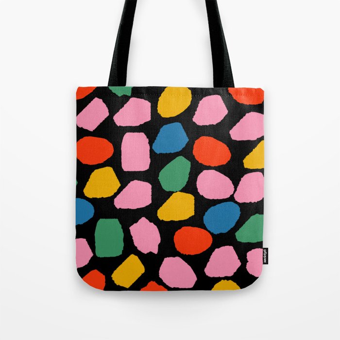 Ink Dots Colorful Mosaic Pattern in Rainbow Pop Colors on Black Tote Bag