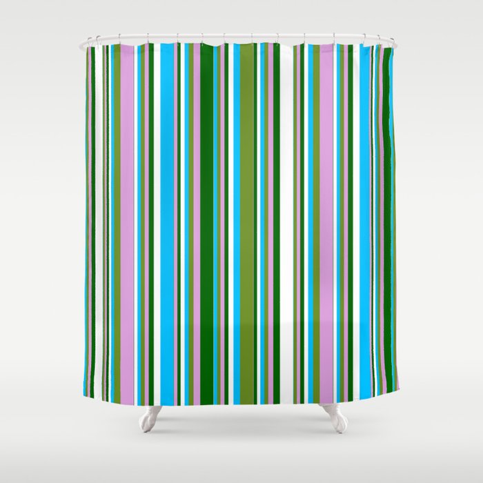 Green, Plum, Dark Green, White & Deep Sky Blue Colored Stripes Pattern Shower Curtain