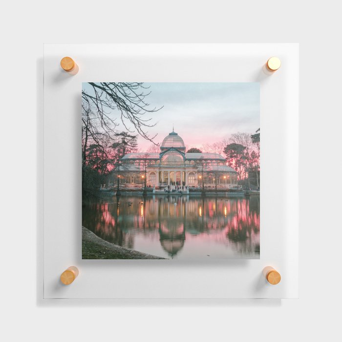 Spain Photography - The Glass Palace In Madrid By The Pink Sky  Floating Acrylic Print