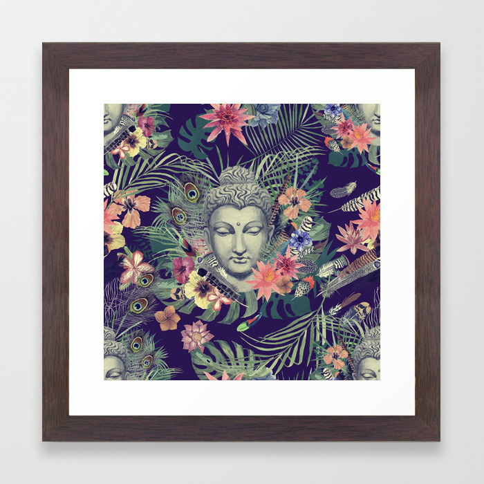Buddha Head Leaves Flowers And Feathers Pattern Framed Art Print