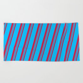 [ Thumbnail: Deep Sky Blue and Crimson Colored Lines/Stripes Pattern Beach Towel ]