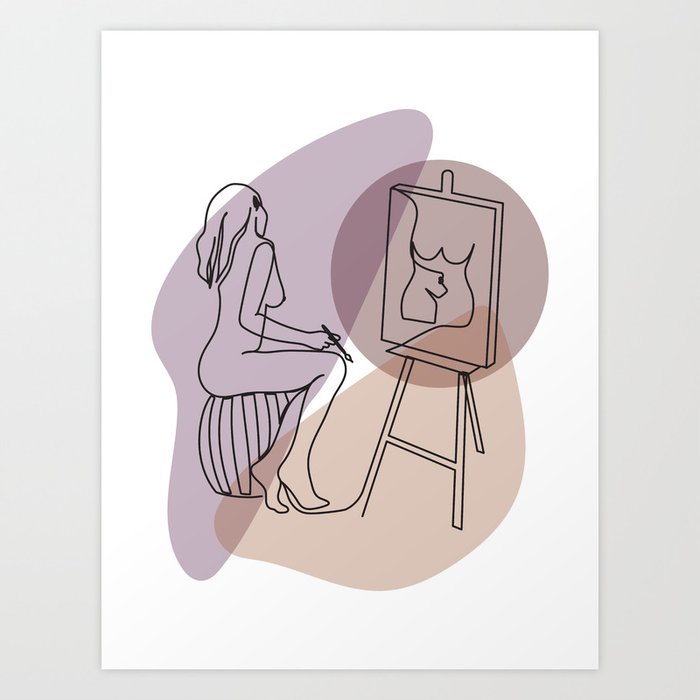"Paint What You Know" - One Line Drawing of Nude Woman Painting a Nude Woman Art Print