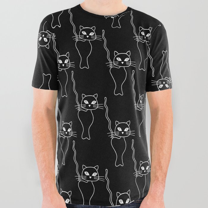 White line art cat pattern on black  All Over Graphic Tee