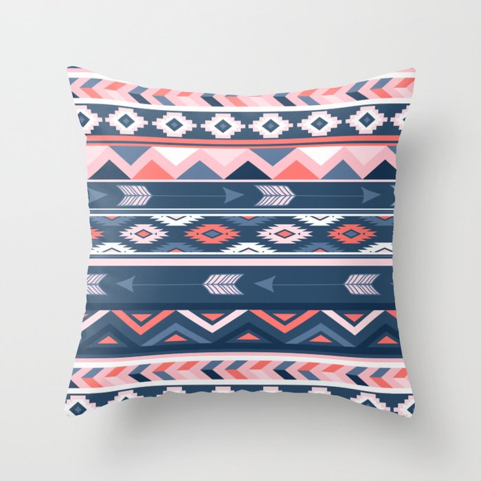 Coral and Navy Boho Ethnic Pattern Throw Pillow