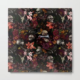 Gothic Night Skulls Flower Botanical Midnight Garden Metal Print | Skeleton, Botanical, Flower, Black, Cottagecore, Night, Gothic, Dead, Antique, Boho 