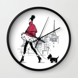 Just Walking Her Dog - Chic Parisian Girl in Red Jacket Wall Clock