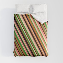[ Thumbnail: Eye-catching Salmon, Beige, Forest Green, Chocolate, and Black Colored Lines/Stripes Pattern Comforter ]