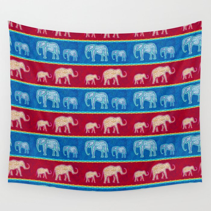 Bright Velvet Elephants on Red and Blue Stripes Wall Tapestry