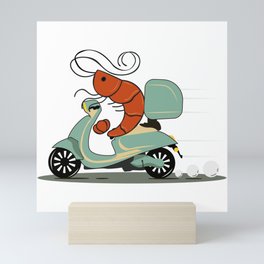 Shrimp on a retro moped Mini Art Print