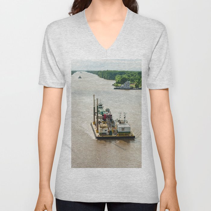 Barge on the Mississippi River V Neck T Shirt