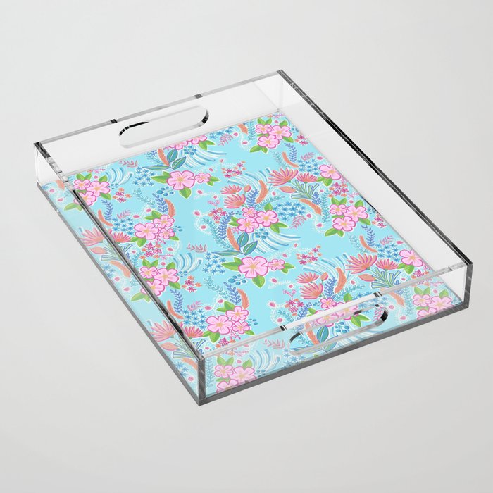 Bright pink flowers on aqua Acrylic Tray