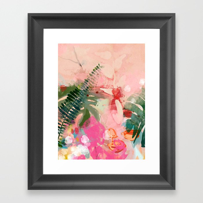 pink jungle leaves art abstract Framed Art Print