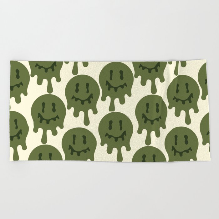 Melted Smiley Faces Trippy Seamless Pattern - Dark Green Beach Towel