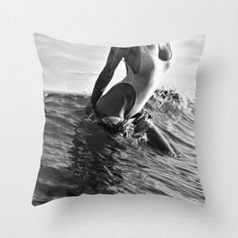Alone at the Beach in Malibu, female form exiting ocean black and white photography Throw Pillow