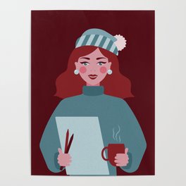 Winter ginger artist girl with a cup of tea and her tools Poster