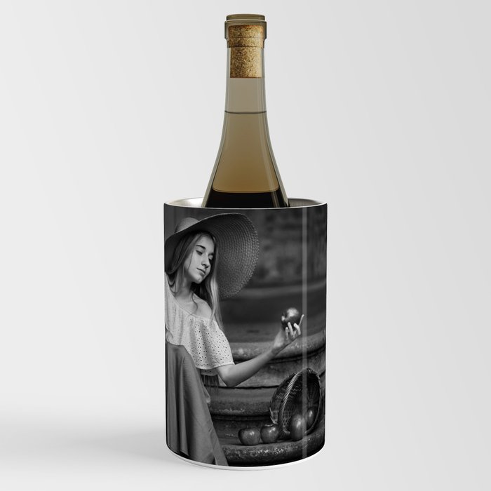 Here, There, and Everywhere; Girl with a hat and an apple; serene summer portrait black and white photograph - photography - photographs Wine Chiller