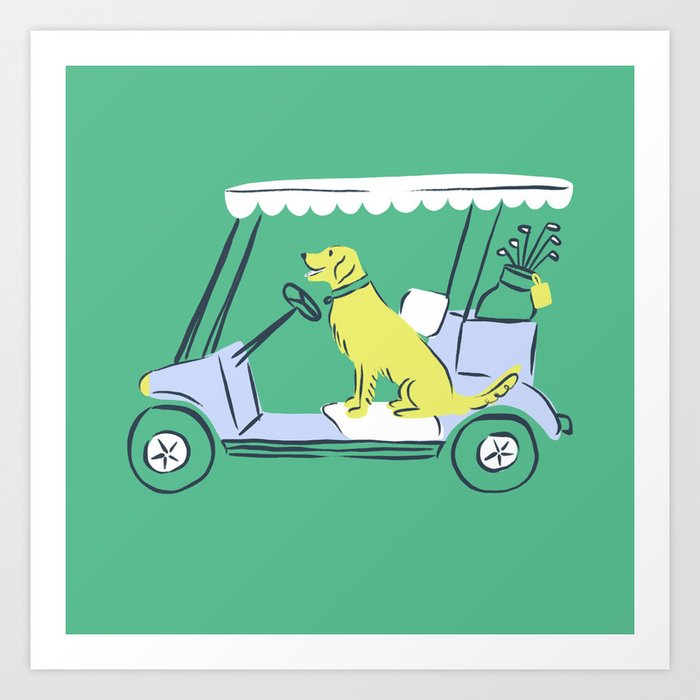 Golf Cart Golden Retriever Art Print