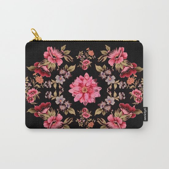 pink folk floral on black background Carry-All Pouch