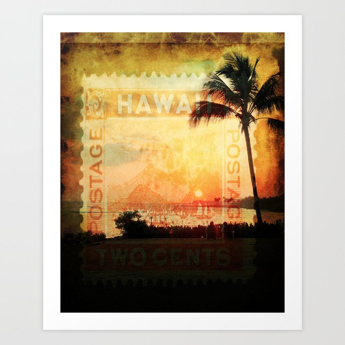 Hawaii, Sunset, Typograph, Postage Stamp Art Print