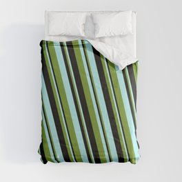 [ Thumbnail: Green, Black & Turquoise Colored Lines Pattern Comforter ]