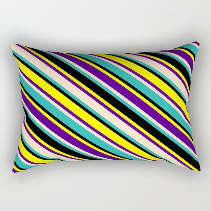 Eyecatching Yellow, Indigo, Bisque, Light Sea Green, and Black Colored Lined Pattern Rectangular Pillow