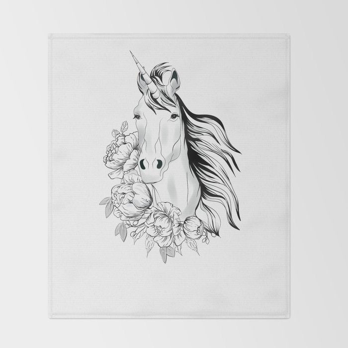 Unicorn Black And White Floral Illustration Throw Blanket By