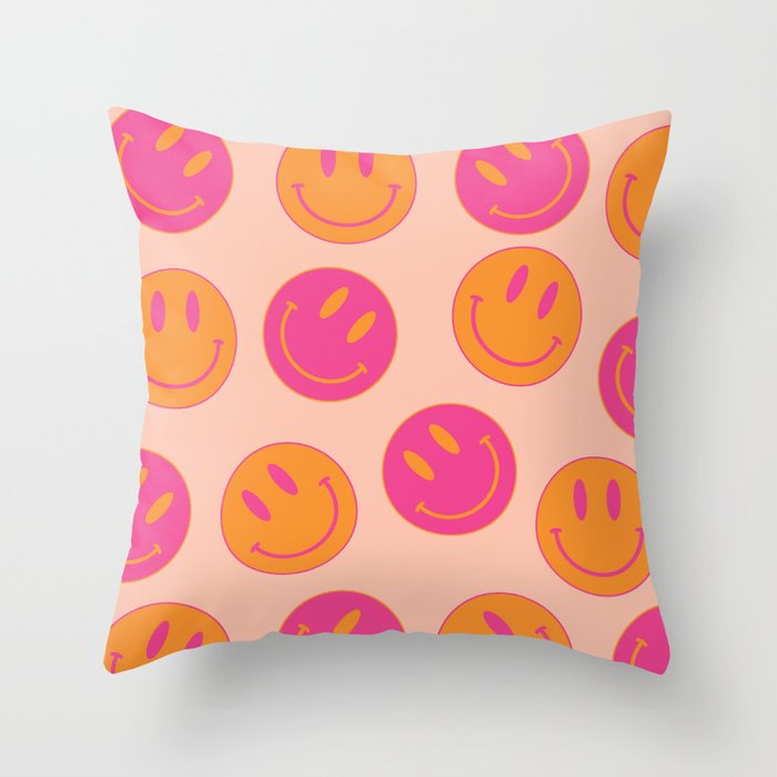 Large Pink and Orange Groovy Smiley Face Pattern - Retro Aesthetic  Throw Pillow