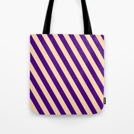 [ Thumbnail: Indigo & Tan Colored Stripes Pattern Tote Bag ]